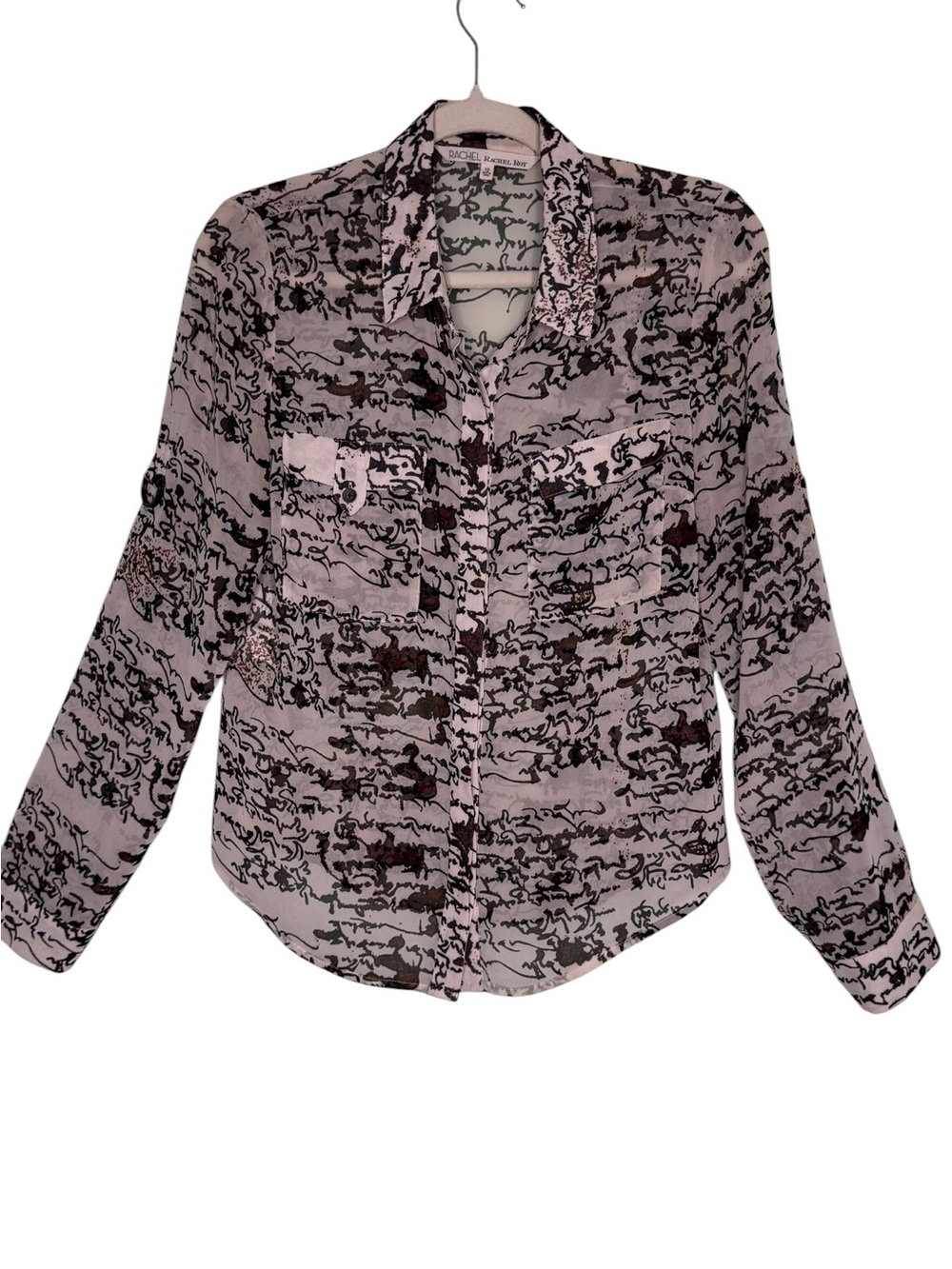 RACHEL Rachel Roy Sheer Script Graffiti Button Up Blouse Brown Ivory Sz 10
